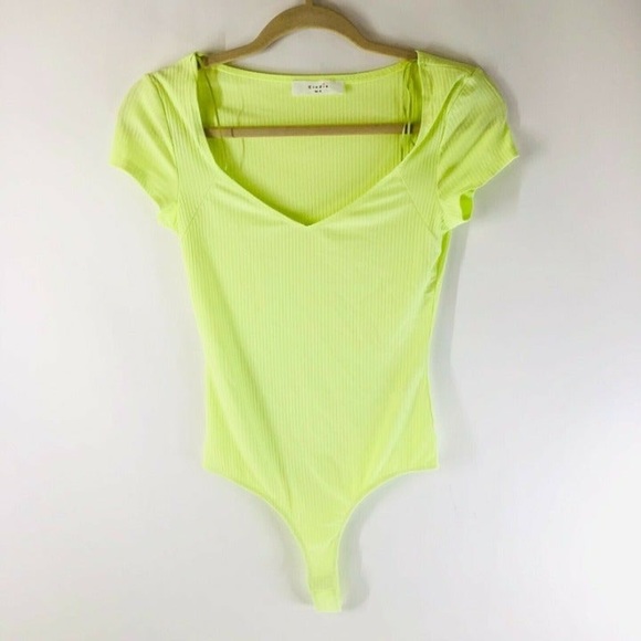 Elodie Tops - NWT Bodysuit Short Sleeve Ribbed Knit V Neck Neon Green/Yellow Size Medium